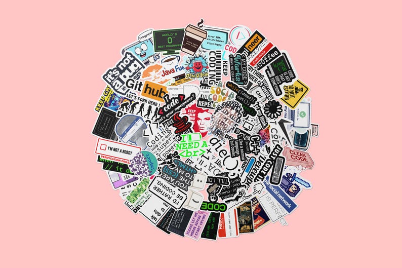 May include: A collection of colourful stickers with various coding and computer-related themes. The stickers feature text such as "Coding is Super Power", "I Need a Coffee", "Keep Coding", and "Let's Fork Here".