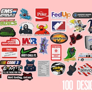 May include: A collection of 100 sticker designs with various graphics and text. Designs include medical symbols, phrases like "Ketamine and Chill," and pop culture references. The stickers are colorful and feature a variety of fonts and styles.