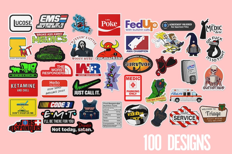 May include: A collection of 100 sticker designs with various graphics and text. Designs include medical symbols, phrases like "Ketamine and Chill," and pop culture references. The stickers are colorful and feature a variety of fonts and styles.
