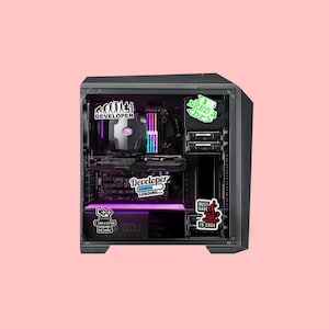 May include: A black computer case with a glass side panel, revealing colourful internal components and a motherboard with a sticker that says "Developer Loading..." There are several other stickers on the case, including "I Need a Coder", "Must Have to Code", and "C++ Like a Normal Person".