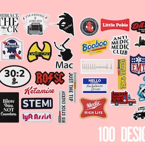 May include: A collection of 100 sticker designs with medical and emergency service themes. The stickers feature phrases like "EMT", "Booboo", and "Hello Ambulance Driver". The stickers are on a pink background.