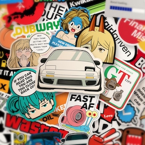 May include: A collection of colorful stickers with various designs and text. Featured stickers include a white car, anime-style characters, and phrases like "FAST AF" and "Financial Mistake". The stickers are a mix of pop culture and automotive themes.