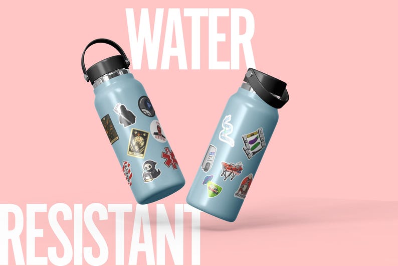 May include: Two light blue water bottles with black lids and handles, adorned with various stickers. The word "WATER" is displayed in white above the bottles, and "RESISTANT" is below, against a pink background.
