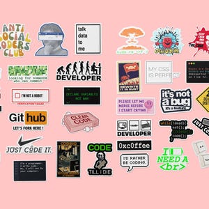 May include: A collection of colourful stickers featuring humorous and relatable phrases for programmers and developers. The stickers include phrases like "Just Code It", "I'd Rather Be Coding", "It's Not A Bug, It's A Feature", and "Clean Code".