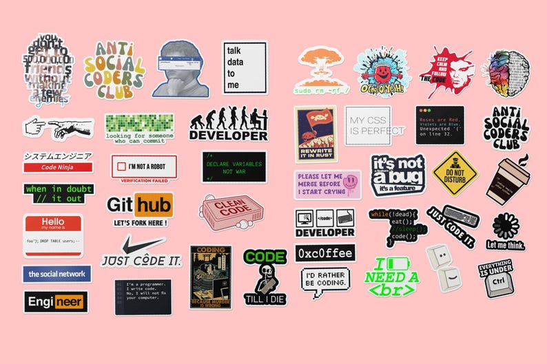 May include: A collection of colourful stickers featuring humorous and relatable phrases for programmers and developers. The stickers include phrases like "Just Code It", "I'd Rather Be Coding", "It's Not A Bug, It's A Feature", and "Clean Code".