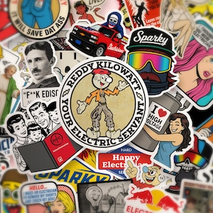 May include: A collection of colorful stickers with various designs. Notable stickers include a cartoon of Reddy Kilowatt, a vintage-style electric utility mascot, and a woman holding a high voltage canister. Other stickers feature pop art and humorous phrases.