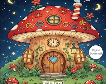 May include: A colourful illustration of a mushroom cottage with a red and white spotted cap, a wooden door with a heart-shaped window, and a clock. The image includes the text "Whimsical Mushroom Cottages" and "Digital Download".
