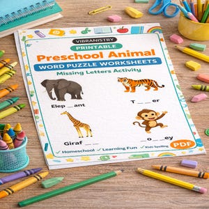 Puede incluir: Una hoja de trabajo imprimible de rompecabezas de palabras de animales preescolares con ilustraciones de un elefante, un tigre, una jirafa y un mono. La hoja de trabajo incluye actividades de completar y el texto "Homeschool", "Learning Fun" y "Kids Spelling".