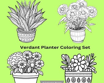 以下が含まれることがあります： 4つの異なる鉢植えの植物を描いた白黒の塗り絵ページ。植物には多肉植物、花束、2つの異なる花のアレンジメントが含まれています。画像には「Verdant Planter Coloring Set」と「4 Coloring Pages PDF File」というタイトルが含まれています。