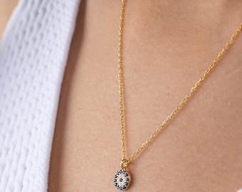 Sterling Silver Evil Eye Necklace, Dainty Protection Pendant