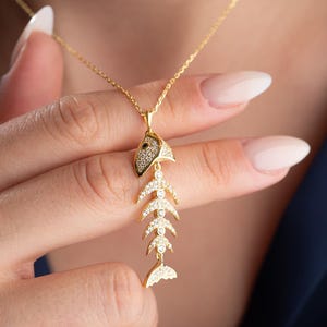 Fishbone Zircon Pendant Necklace, Dainty Fish Skeleton Jewelry, Elegant Sparkling Fishbone Necklace, Ocean Inspired Gift For Her, Her Gift