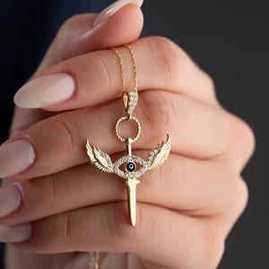 Archangel Michael Sword Evil Eye Necklace, Sterling Silver Guardian Angel Pendant