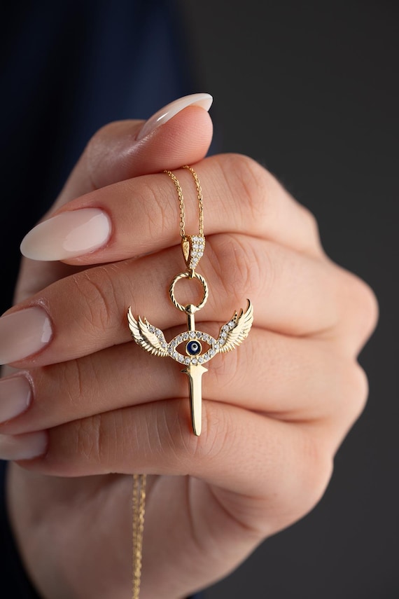 Archangel Michael Sword Evil Eye Necklace, Protection & Strength Jewelry, Guardian Angel Pendant, Spiritual Talisman For Strength, Her Gift