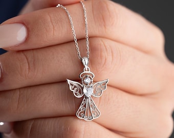 Guardian Angel Necklace With Heart, Protection Pendant, Talisman Necklace, Gift For Mom, Christmas Gift, Bridesmaid Gift, Religious Gift