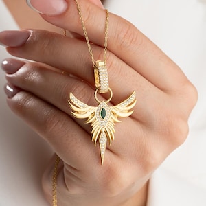 Guardian Symbol Emeral Necklace, Elegant Phoenix Necklace, Chic Legendary Fire Bird Jewelry, Symbol of Rebirth and Renewal, Protection Charm