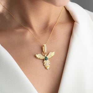 Elegant Phoenix Necklace With Emerald, Legendary Fire Bird Jewelry, Symbol of Rebirth and Renewal, Protection Charm, Guardian Bird Necklace