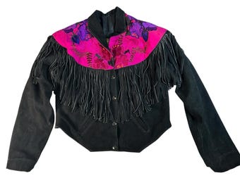 Chaqueta vintage de cuero con flecos Chasser, estilo western, de ante negro, estilo bohemio de los años 90, para mujer, talla L, vaquera