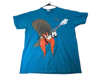 Vintage 1993 Yosemite Sam Big Face Single Stitch Graphic Blue T-shirt Storlek L