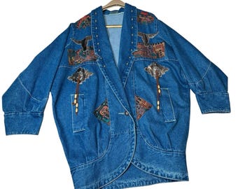 Chaqueta vaquera estilo vaquero azteca estilo suroeste de Vtg Designs Limited, talla extragrande, talla pequeña