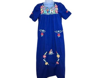Vestido huipil mexicano oaxaqueño de algodón de los años 70, bordado floral, bohemio, resort, VTG