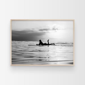 Woman Surf Print, Black And White Print, Minimalist Surf Print, Surfer Girl Print, Surfing Waves Art, Coastal Print, Boho Beach Home Decor