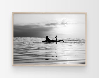 Woman Surf Print, Black And White Print, Minimalist Surf Print, Surfer Girl Print, Surfing Waves Art, Coastal Print, Boho Beach Home Decor