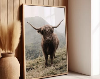 Stampa di bovini Highland Cow, poster di mucca scozzese, poster neutro, arte murale della fattoria, fotografia di campagna, arredamento rustico per la casa, arte murale Boho