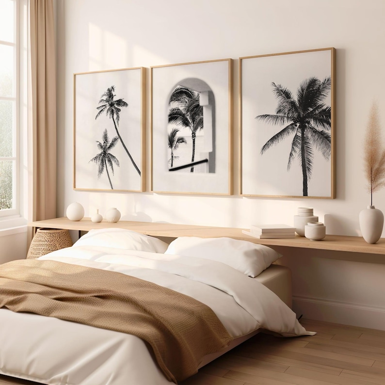 Set of 3 Black and White Palm Tree Wall Art, Minimalist Coastal Prints ...