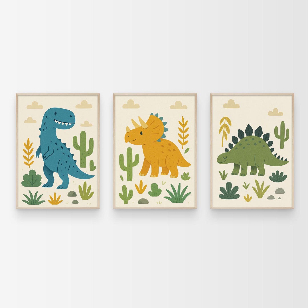 Set of 3 Dinosaur Nursery Print, Trex Dino Print, Prehistoric Wall Art ...