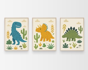 Set of 3 Dinosaur Nursery Print, Trex Dino Print, Prehistoric Wall Art, Kids Room Printable Artwork, Neutral Nursery Print, Boho Dino Poster