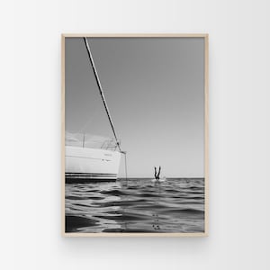 Black And White Print, Woman Jumping Into Sea Wall Art, Boat Print, Coastal Art, Boho Beach Home Decor, Minimalist Sailing And Nautical Art
