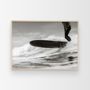 Minimalist Surf Print, Woman Surf Board Poster, Black And White Wall Art, Ocean Print, Surfing Waves Art, Coastal Print, Retro Beach Poster