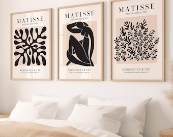 Set of 3 Matisse Beige & Black Print, Henri Matisse Berggruen Exhibition Poster, Abstract Silhouette Wall Art, Minimalist Boho Matisse Print