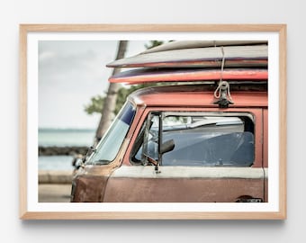 Surfboards & Van Print, Hawaii Surf, Surf Beach Photo, Boho Beach Wall Art, Modern Home Decor, Surf Wall Art, Campervan Surf Boards Poster