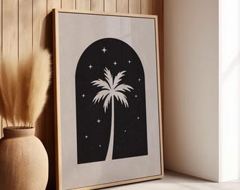 Impression d'art minimaliste de palmier, affiche botanique céleste, décor côtier, décor de plage bohème, décoration murale de nuit tropicale, impression d'arche de palmier