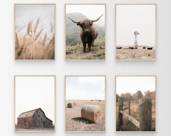 May include: Set of six framed prints featuring rustic farm scenes. The prints include a close-up of wheat stalks, a brown Highland cow, a windmill in a field, a barn, hay bales in a field, and a wooden fence.