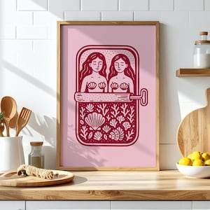 Rosa Meerjungfrau-Dose Kunstdruck, Retro-Food-Poster, Küche Hauswandkunst, Boho-Meeresfrüchtedruck, minimalistische Meerjungfrau-Illustration, Sardinendruck