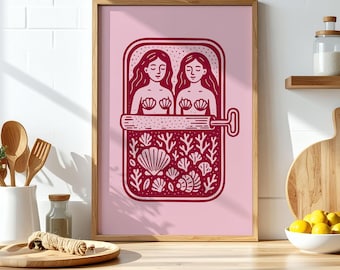 Lámina de sirena rosa en lata, póster retro de comida, arte mural para cocina y hogar, lámina bohemia de mariscos, ilustración minimalista de sirena, lámina de sardinas