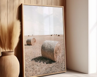 Impresión de fardos de heno rústicos, impresión de fotografía de paisaje del suroeste, póster neutro, impresión de granja antigua, fotografía de campo, decoración de granja