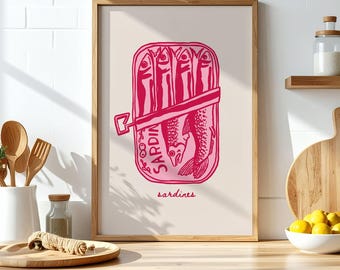 Pink Tinned Sardine Print, Boho Portuguese Sardine, Coastal Sardine Poster, Kitchen Home Wall Art, Hand Drawn Fish Print, Food Digital Print