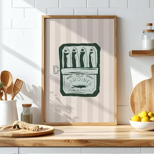 Tinned Sardine Strips Print, Boho Portuguese Sardine, Coastal Sardine Poster, Kitchen Wall Art, Hand Drawn Fish Print, Food Digital Print