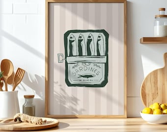 Tinned Sardine Strips Print, Boho Portuguese Sardine, Coastal Sardine Poster, Kitchen Wall Art, Hand Drawn Fish Print, Food Digital Print