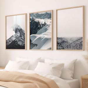 Set of 3 Mountain Winter Prints, Winter Landscape Wall Art, Chalet Decor, Scandinavian Decor, Snowy Mountain Print, Misty Forest Wall Art