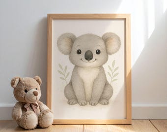 Lámina infantil de koala en acuarela, arte bohemio de animales bebés (descarga digital)