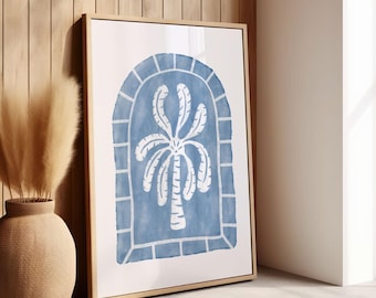 Ozean blaue Palme Wandkunst, Küsten Bogen Druck, gewaschen blaue tropische Baum Illustration, moderne Boho Strand Dekor, minimales botanisches Poster