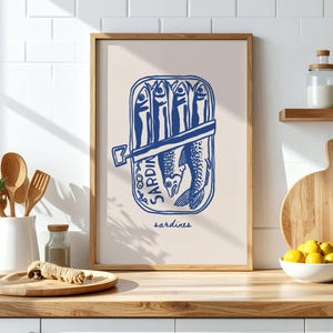 Navy Tinned Sardine Print, Portuguese Sardine Set, Coastal Sardine Poster, Kitchen Home Wall Art, Hand Drawn Fish Print, Food Digital Print