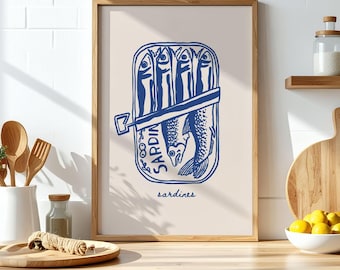 Navy Tinned Sardine Print, Portuguese Sardine Set, Coastal Sardine Poster, Kitchen Home Wall Art, Hand Drawn Fish Print, Food Digital Print