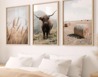 Set of 3 Farmhouse Prints, Highland Cow Cattle Print, Neutral Poster, Farmer Style Print, Countryside Photography, Farmhouse Home Decor
