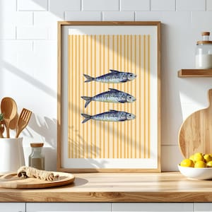 Striped Sardine Print, Portuguese Sardine Set, Retro Sardine Poster, Kitchen Home Wall Art, Yellow Strips Fish Print, Food Digital Print
