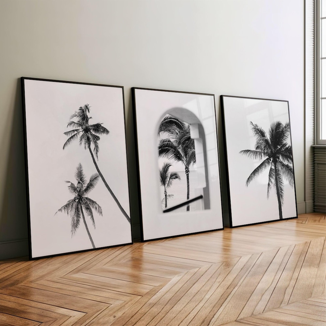 Set of 3 Black and White Palm Tree Wall Art, Minimalist Coastal Prints ...